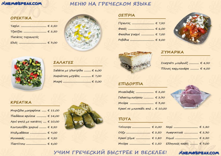 меню на греческом языке с переводом